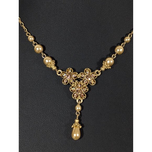 1928 Golden Aurora Borealis Faux Pearl Flower Y-Drop Necklace 19" Elegant - Picture 1 of 11